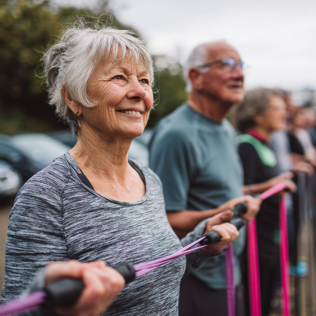 Older adults group exercising outdoors with resistance bands